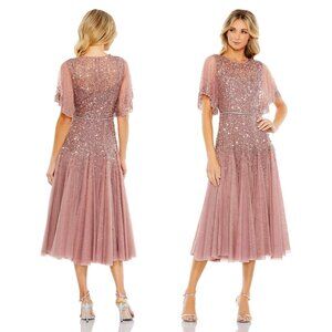CAPE SLEEVE BEADED TEA LENGTH A-LINE DRESS | MAC DUGGAL 93655